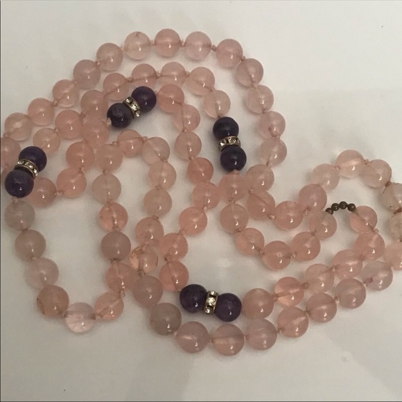36” Natural Rose Quartz & Amethyst Beaded Necklace - Picture 3 of 7